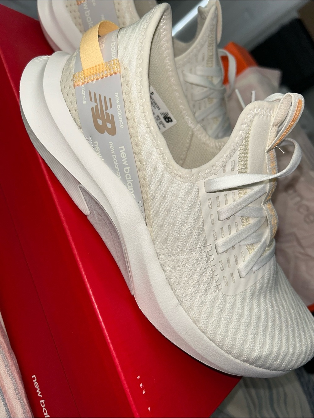 New Balance Women’s Cream Knit Running Slip-On Sneakers with brown Accents